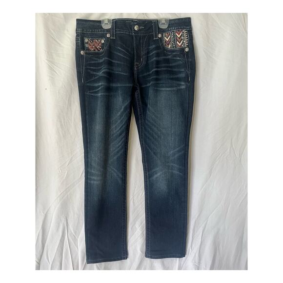 Miss Me Women's denim jeans Mid-Rise Easy Skinny Aztec print large stitch sz 30 - Picture 1 of 8